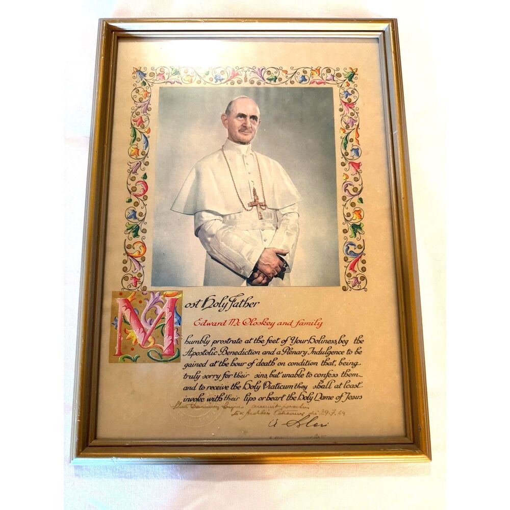Vintage 1960s Pope Paul Vl Apostolic Blessing Certificate McClowsky Family